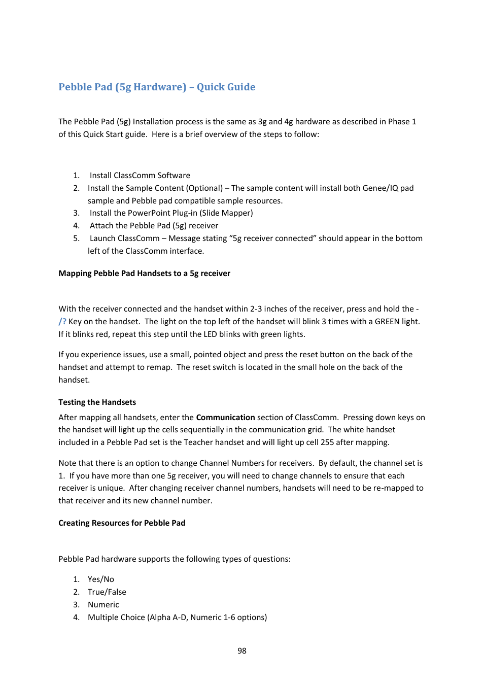 Pebble pad (5g hardware) – quick guide, Mapping pebble pad handsets to a 5g receiver, Testing the handsets | Creating resources for pebble pad | Genee World ClassComm User Manual | Page 98 / 112