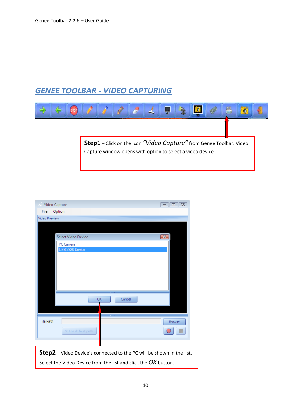 Genee toolbar - video capturing, Step1, Video capture | Step2 | Genee World Genee Toolbar User Manual | Page 10 / 15