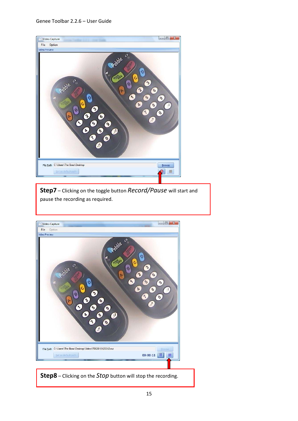 Step7, Record/pause, Step8 | Stop | Genee World Genee Toolbar User Manual | Page 15 / 15