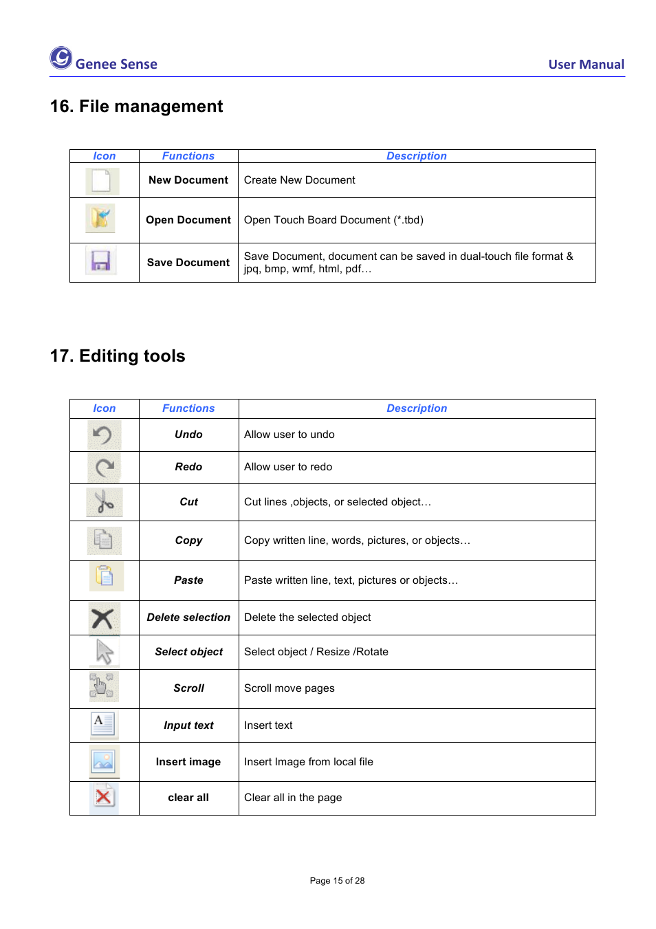 File management, Editing tools, Genee sense | Genee World Genee Sense User Manual | Page 15 / 28