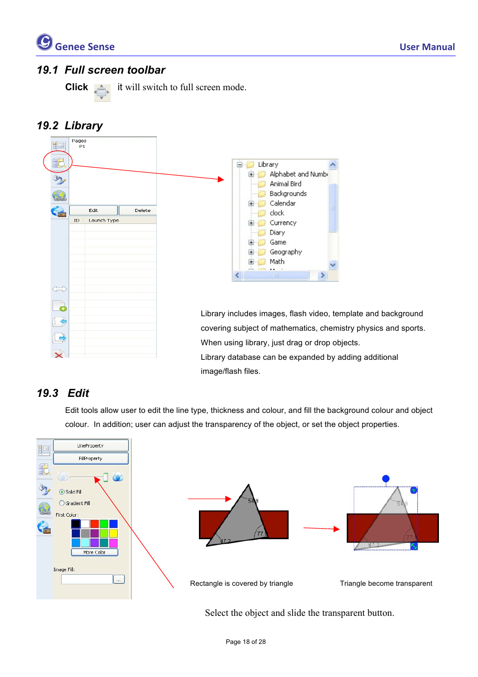 Genee sense, 1 full screen toolbar, 2 library | 3 edit | Genee World Genee Sense User Manual | Page 18 / 28