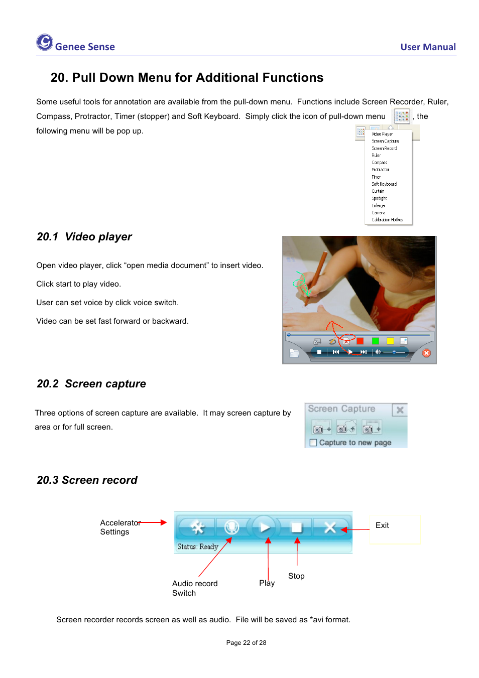 Pull down menu for additional functions | Genee World Genee Sense User Manual | Page 22 / 28