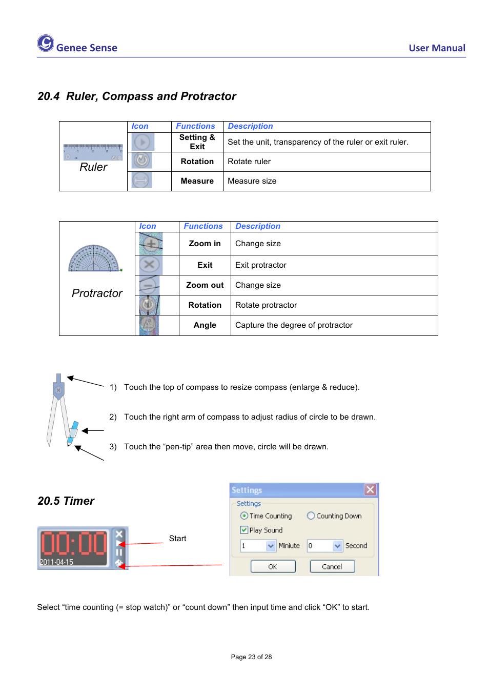 Genee sense, 4 ruler, compass and protractor, Ruler | Protractor, 5 timer | Genee World Genee Sense User Manual | Page 23 / 28