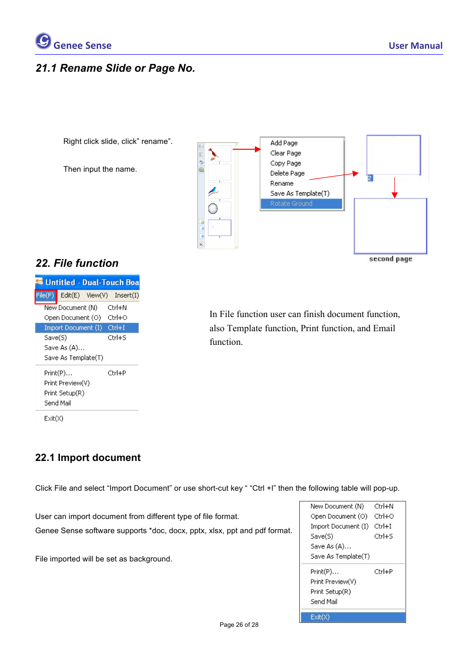 Genee sense, 1 rename slide or page no, File function | Genee World Genee Sense User Manual | Page 26 / 28