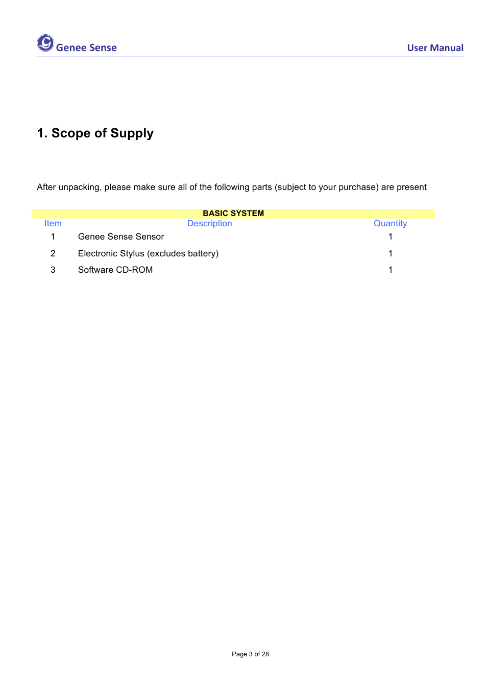 Scope of supply, Genee sense | Genee World Genee Sense User Manual | Page 3 / 28