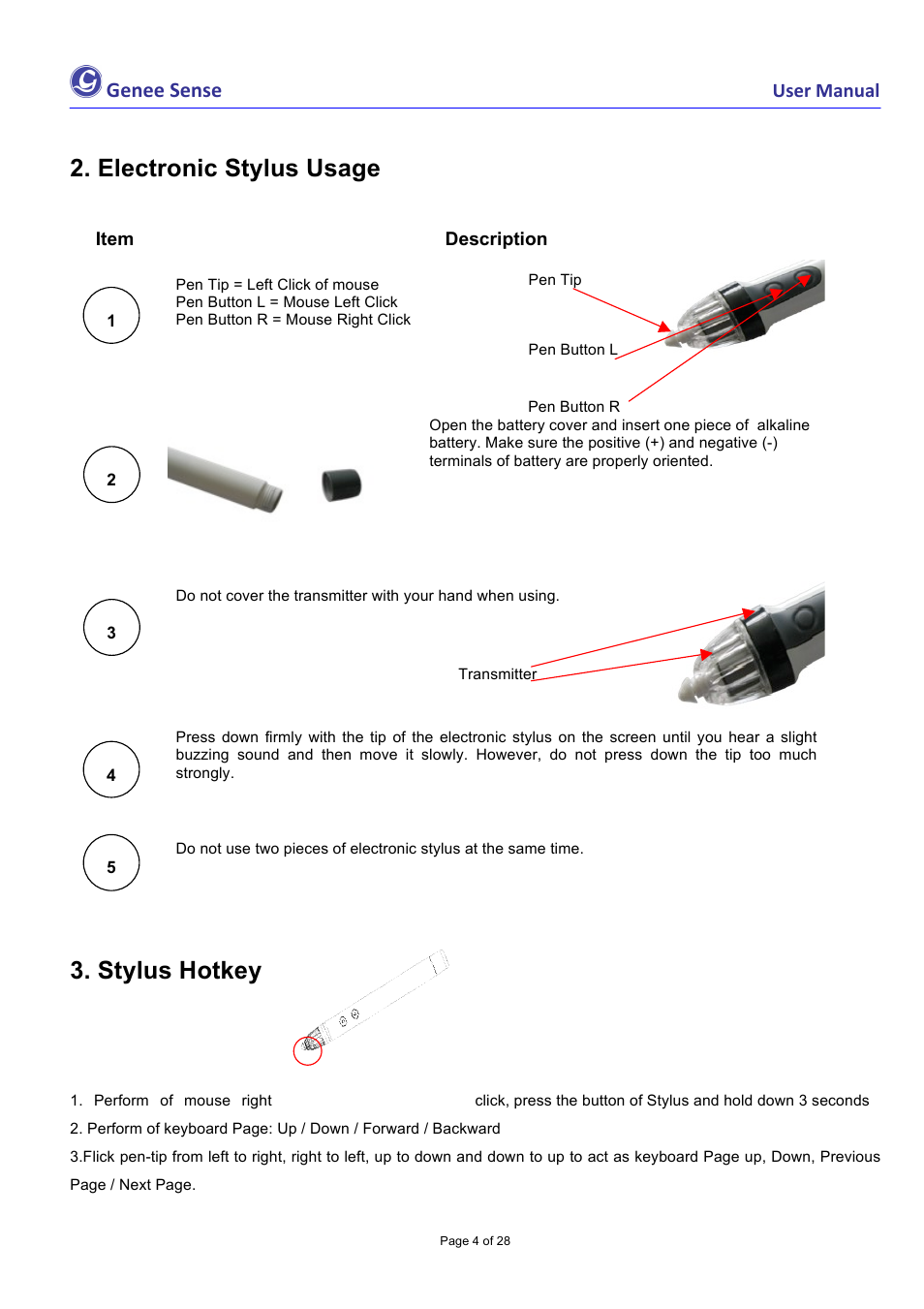 Electronic stylus usage, Stylus hotkey, Genee sense | Genee World Genee Sense User Manual | Page 4 / 28