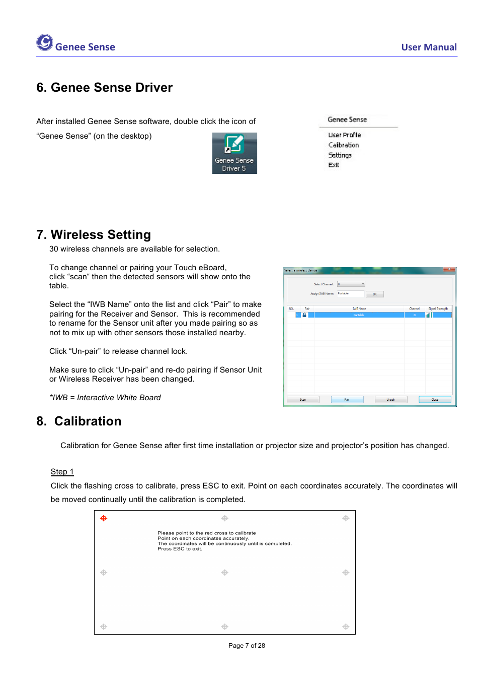 Genee sense driver, Wireless setting, Calibration | Genee sense | Genee World Genee Sense User Manual | Page 7 / 28