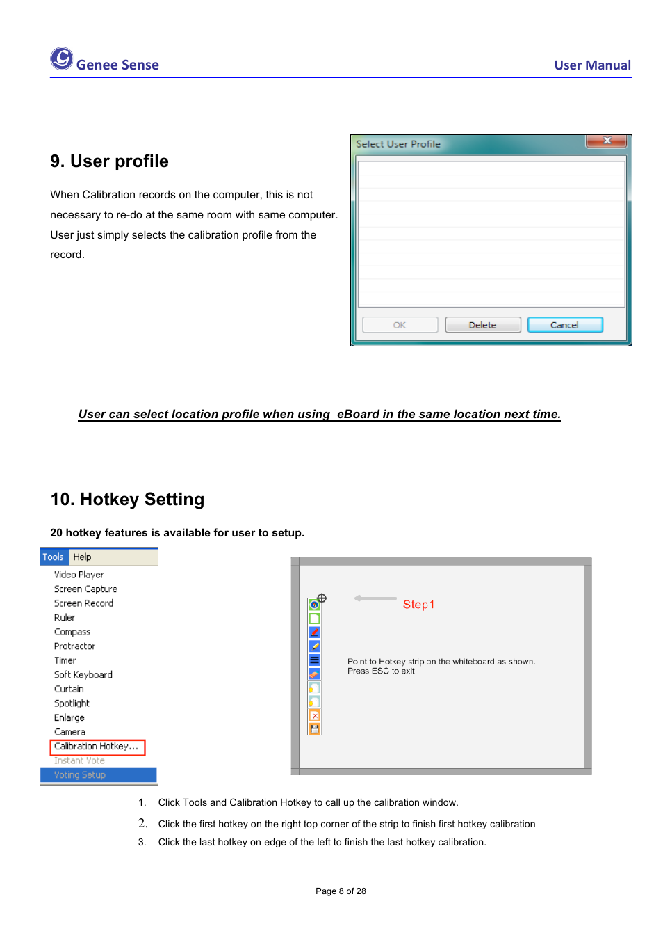 User profile, Hotkey setting, Genee sense | Genee World Genee Sense User Manual | Page 8 / 28