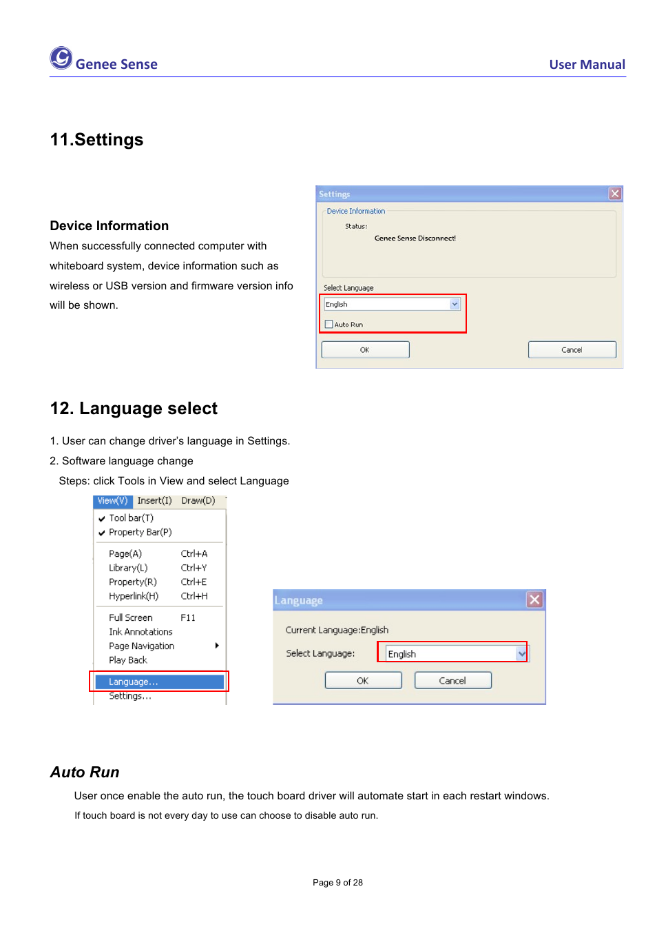 Settings, Language select, Genee sense | Auto run | Genee World Genee Sense User Manual | Page 9 / 28