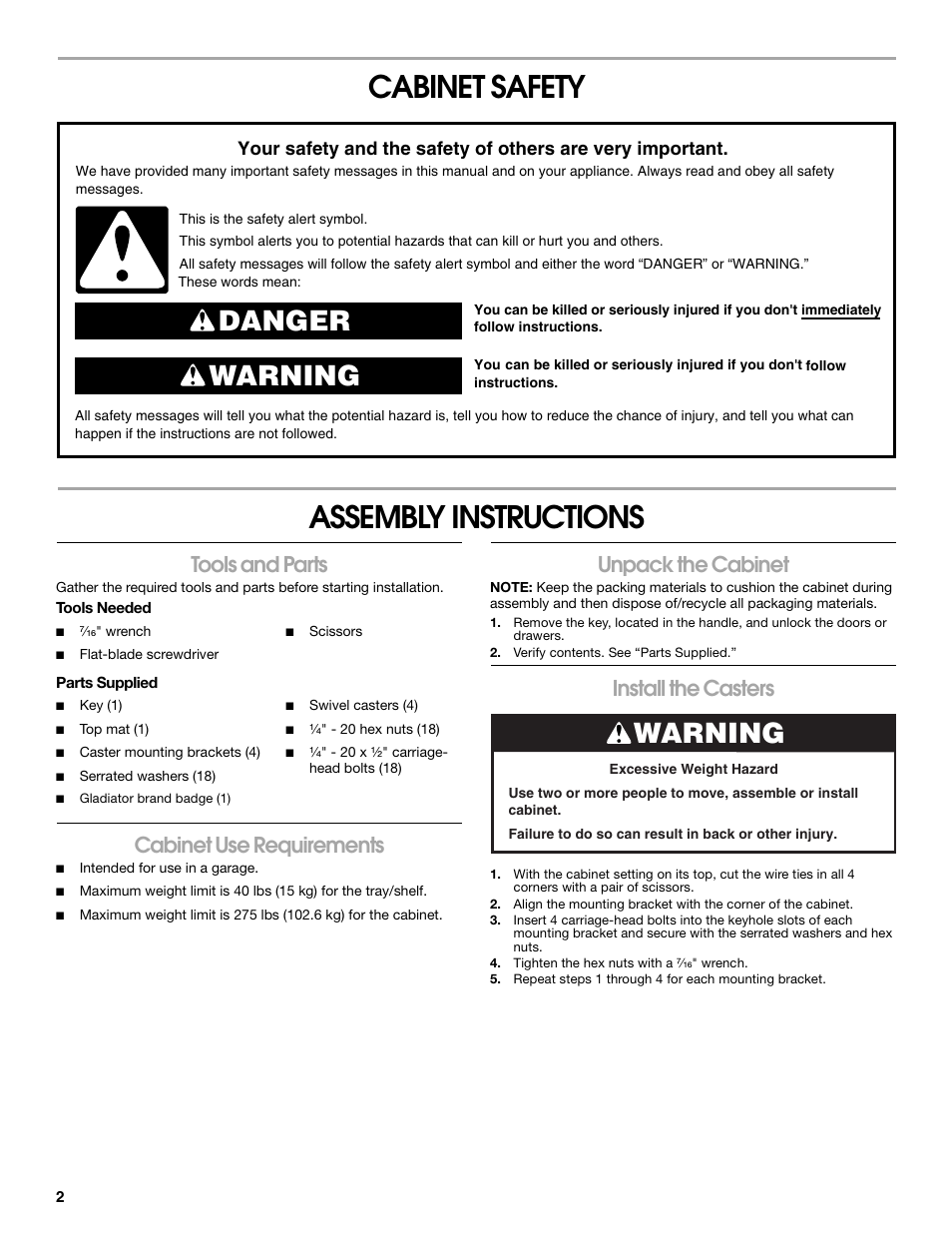 Cabinet safety assembly instructions, Danger warning, Warning | Tools and parts, Cabinet use requirements, Unpack the cabinet, Install the casters | Gladiator GAGD264DBG Starter Series 4-Drawer Modular GearDrawer User Manual | Page 2 / 12