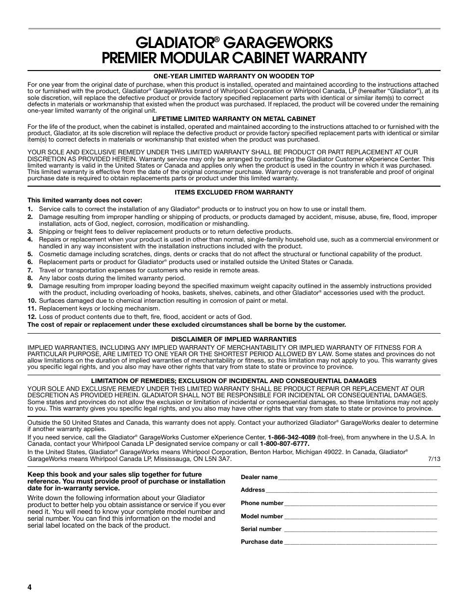 Gladiator, Garageworks premier modular cabinet warranty | Gladiator GAGD264DBG Starter Series 4-Drawer Modular GearDrawer User Manual | Page 4 / 12