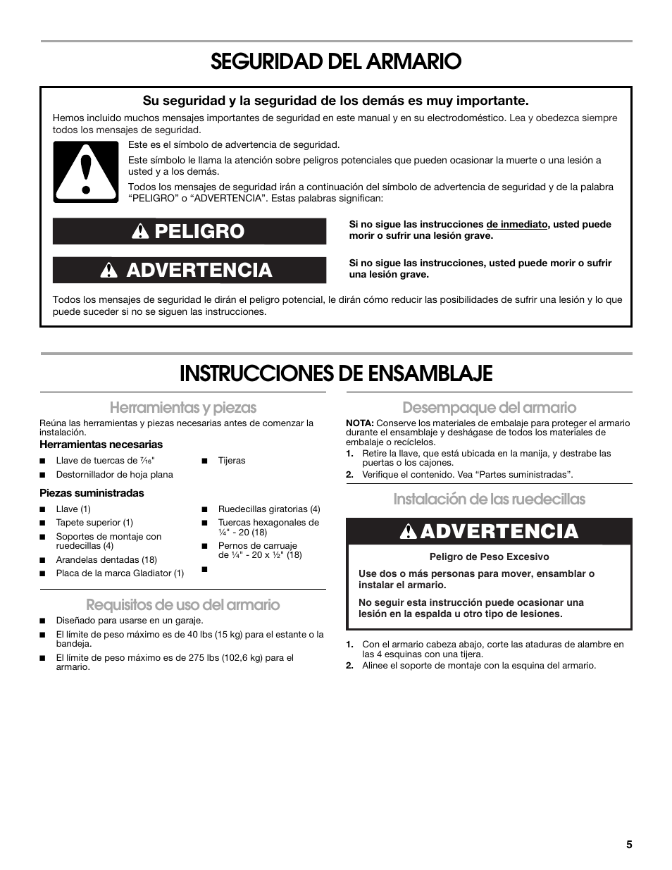 Seguridad del armario instrucciones de ensamblaje, Advertencia peligro, Advertencia | Herramientas y piezas, Requisitos de uso del armario, Desempaque del armario, Instalación de las ruedecillas | Gladiator GAGD264DBG Starter Series 4-Drawer Modular GearDrawer User Manual | Page 5 / 12