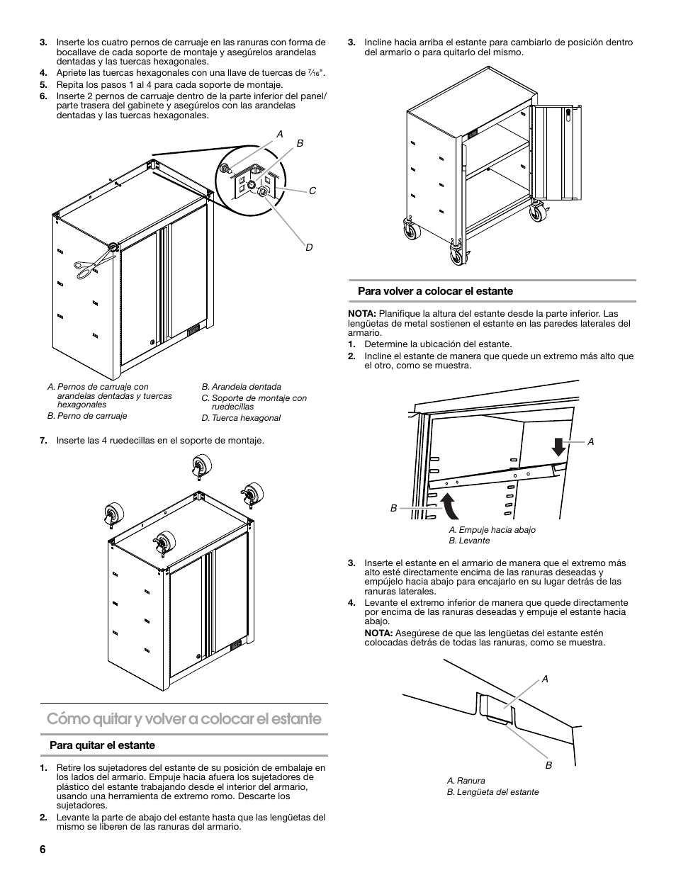 Cómo quitar y volver a colocar el estante | Gladiator GAGD264DBG Starter Series 4-Drawer Modular GearDrawer User Manual | Page 6 / 12