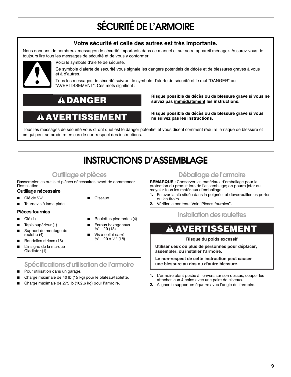 Sécurité de l’armoire instructions d’assemblage, Avertissement danger, Avertissement | Outillage et pièces, Spécifications d’utilisation de l’armoire, Déballage de l’armoire, Installation des roulettes | Gladiator GAGD264DBG Starter Series 4-Drawer Modular GearDrawer User Manual | Page 9 / 12