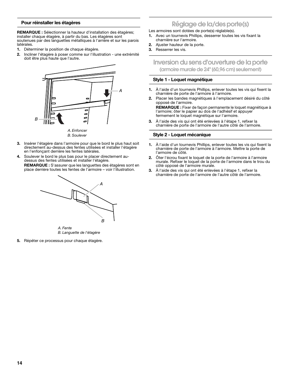 Réglage de la/des porte(s), Inversion du sens d'ouverture de la porte | Gladiator GAWG302DRG Premier Series 30 Wall GearBox User Manual | Page 14 / 16