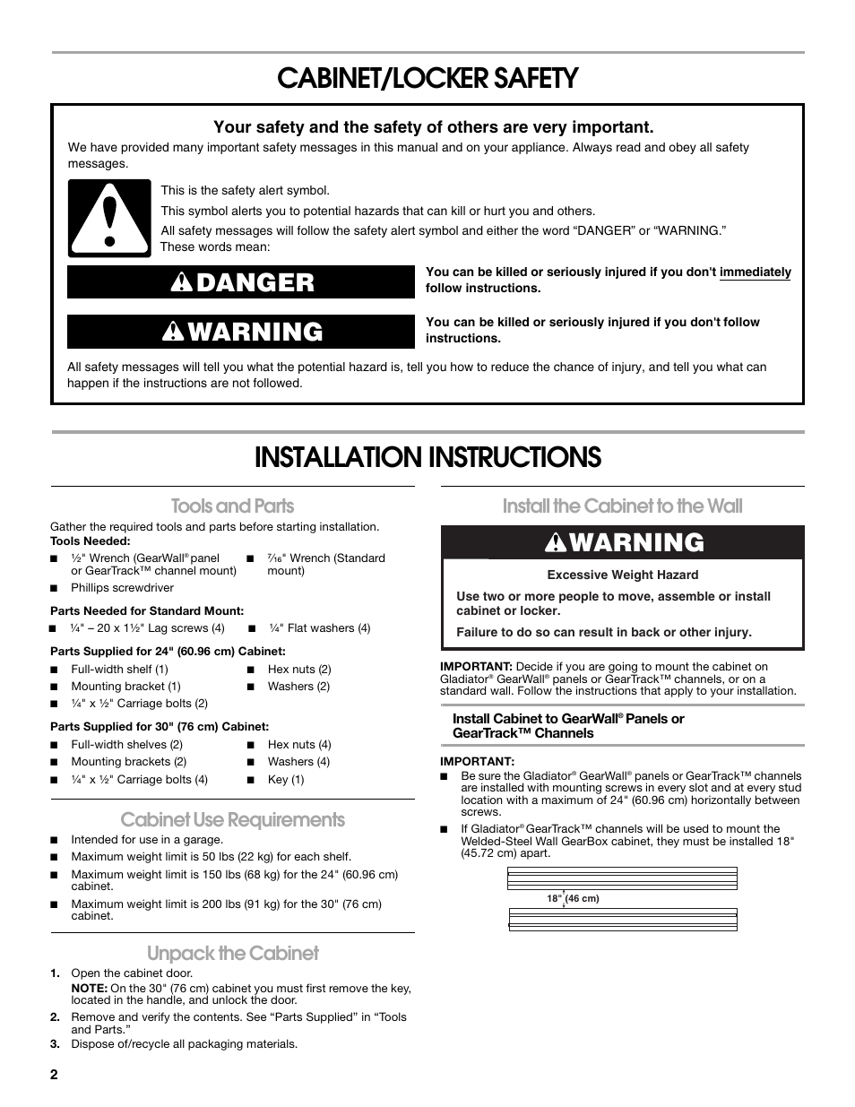 Cabinet/locker safety installation instructions, Danger warning, Warning | Tools and parts, Cabinet use requirements, Unpack the cabinet, Install the cabinet to the wall | Gladiator GAWG302DRG Premier Series 30 Wall GearBox User Manual | Page 2 / 16