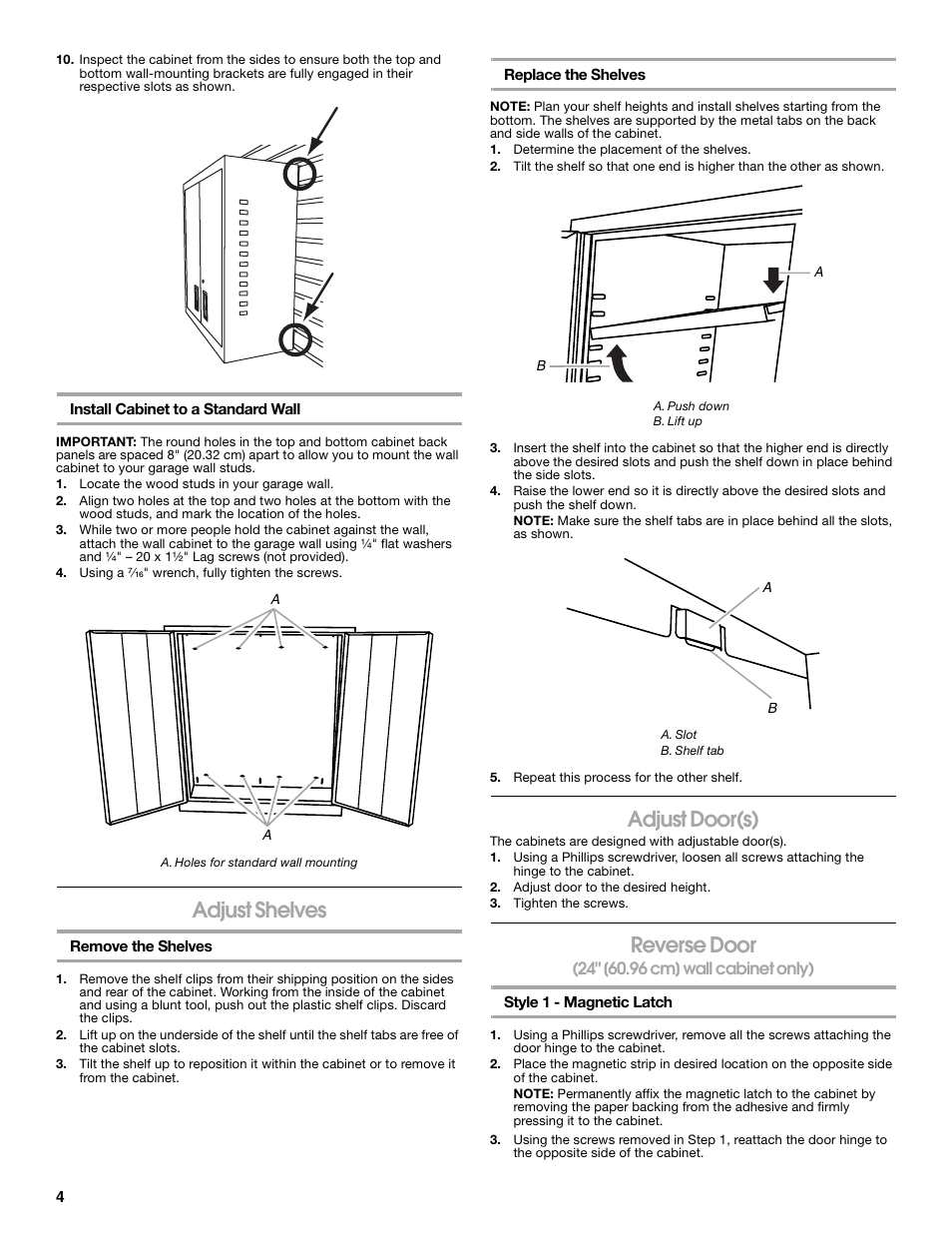 Adjust shelves, Adjust door(s), Reverse door | Gladiator GAWG302DRG Premier Series 30 Wall GearBox User Manual | Page 4 / 16