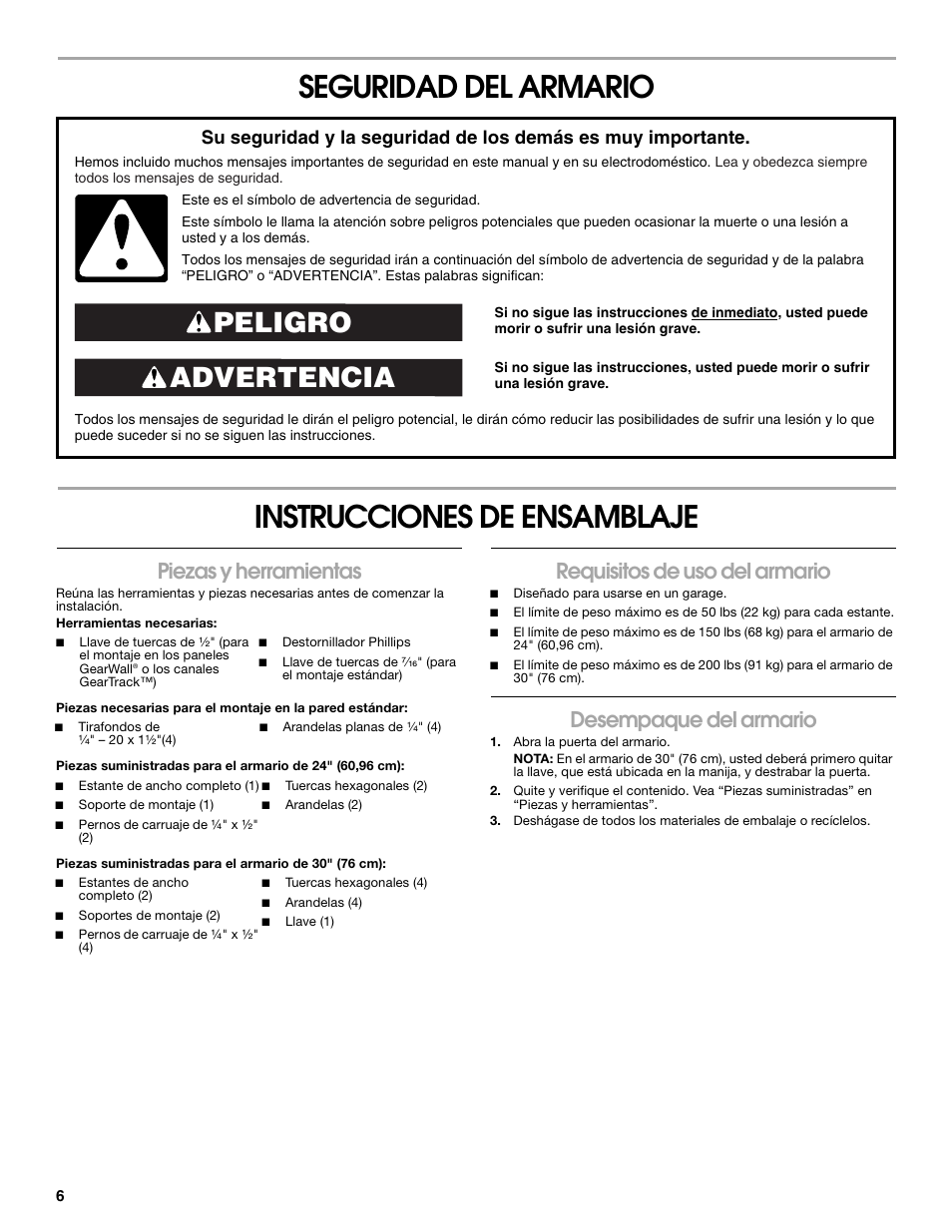 Seguridad del armario instrucciones de ensamblaje, Advertencia peligro, Piezas y herramientas | Requisitos de uso del armario, Desempaque del armario | Gladiator GAWG302DRG Premier Series 30 Wall GearBox User Manual | Page 6 / 16