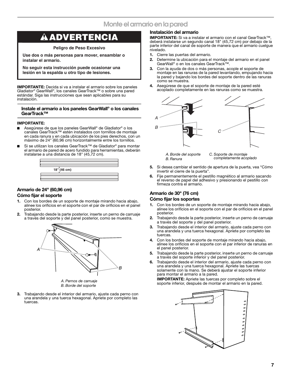 Advertencia, Monte el armario en la pared | Gladiator GAWG302DRG Premier Series 30 Wall GearBox User Manual | Page 7 / 16