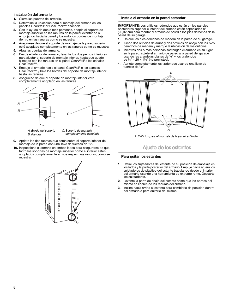 Ajuste de los estantes | Gladiator GAWG302DRG Premier Series 30 Wall GearBox User Manual | Page 8 / 16