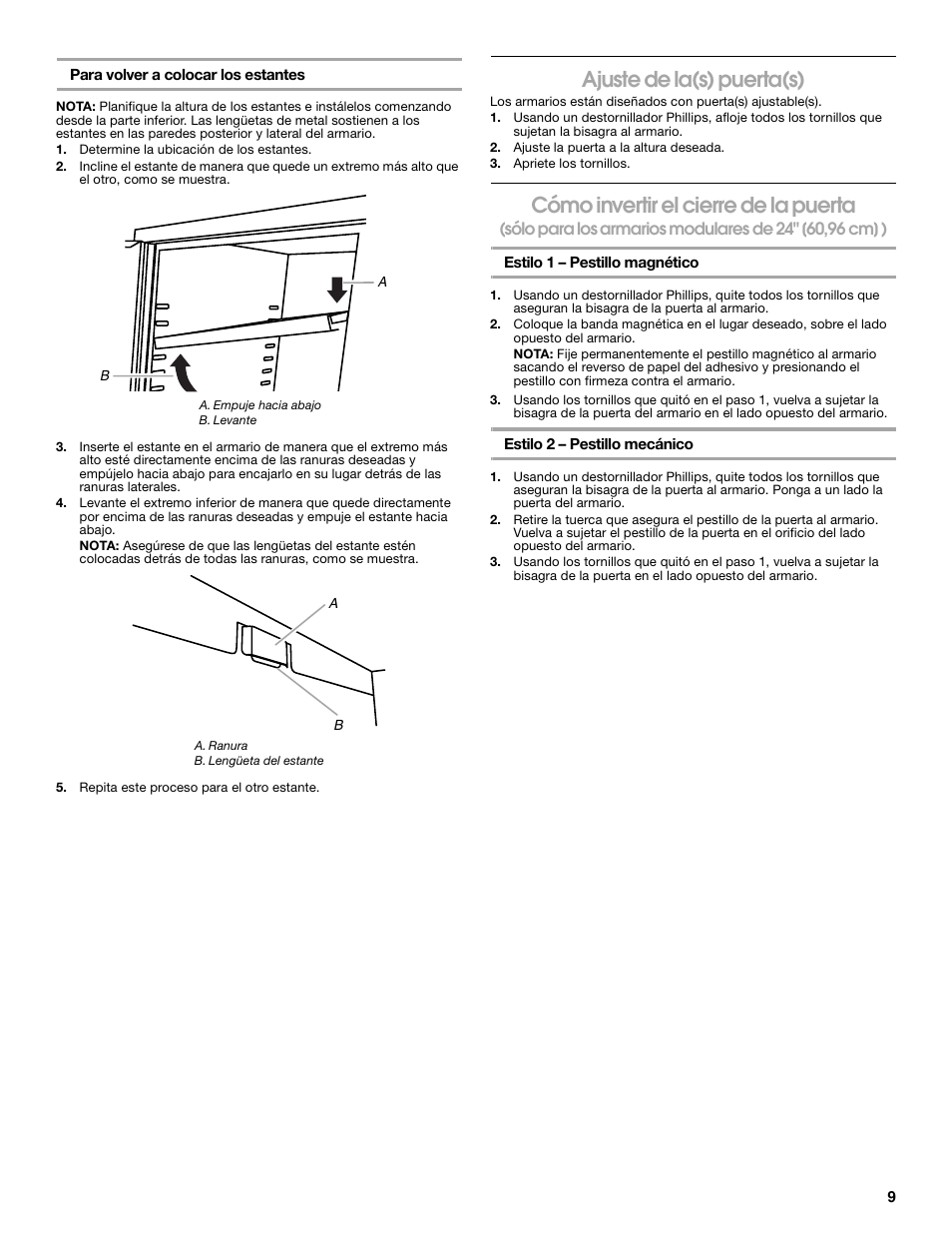 Ajuste de la(s) puerta(s), Cómo invertir el cierre de la puerta | Gladiator GAWG302DRG Premier Series 30 Wall GearBox User Manual | Page 9 / 16
