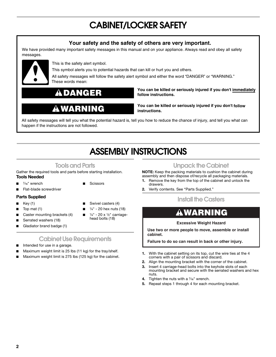 Cabinet/locker safety assembly instructions, Danger warning, Warning | Tools and parts, Cabinet use requirements, Unpack the cabinet, Install the casters | Gladiator GAGB262DBG Starter Series 2-Door Modular GearBox User Manual | Page 2 / 12