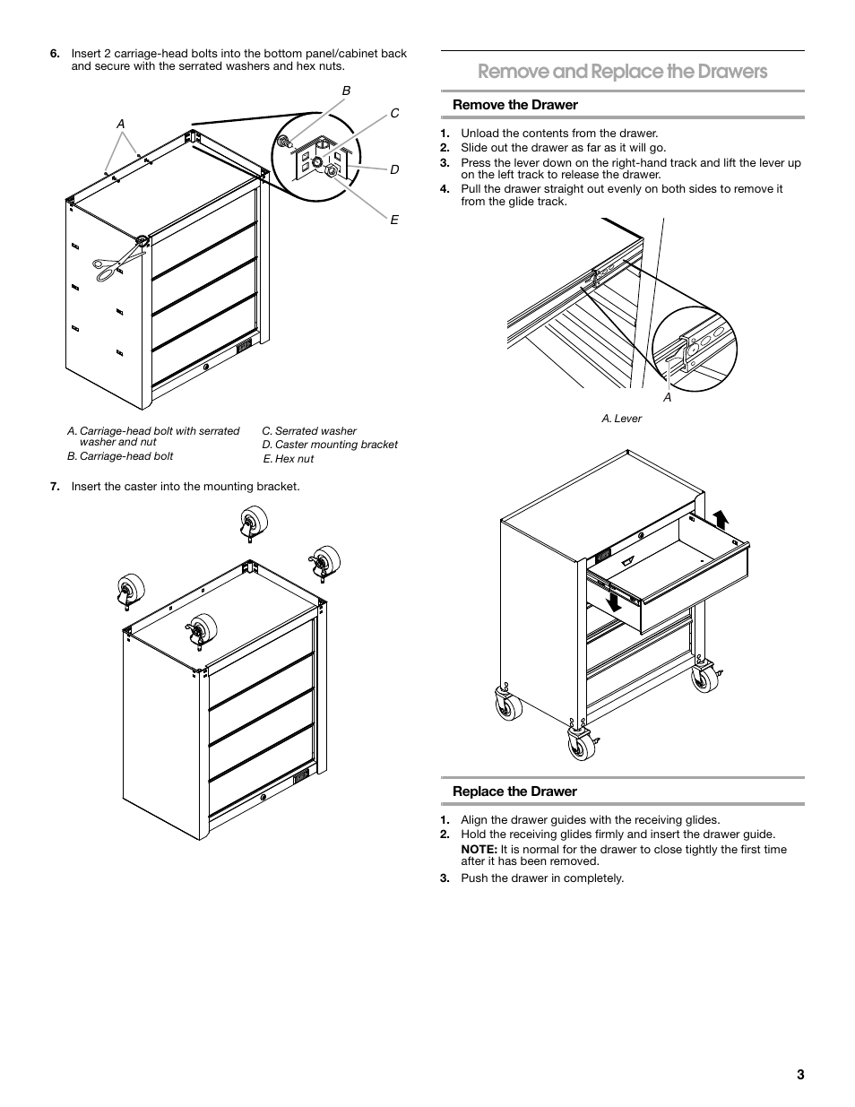 Remove and replace the drawers | Gladiator GAGB262DBG Starter Series 2-Door Modular GearBox User Manual | Page 3 / 12