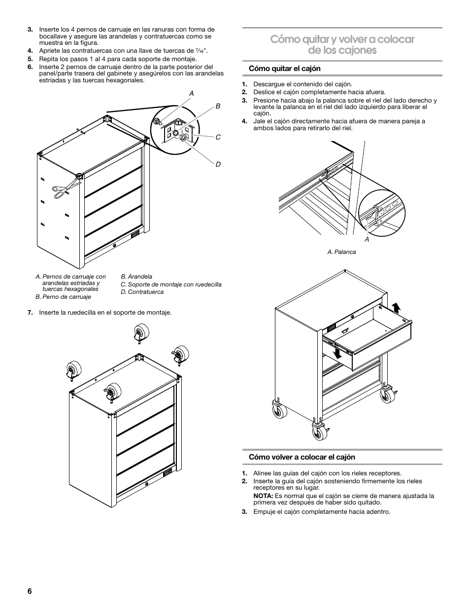Cómo quitar y volver a colocar de los cajones | Gladiator GAGB262DBG Starter Series 2-Door Modular GearBox User Manual | Page 6 / 12