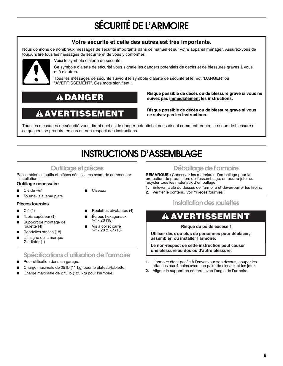 Sécurité de l’armoire instructions d’assemblage, Avertissement danger, Avertissement | Outillage et pièces, Spécifications d’utilisation de l’armoire, Déballage de l’armoire, Installation des roulettes | Gladiator GAGB262DBG Starter Series 2-Door Modular GearBox User Manual | Page 9 / 12