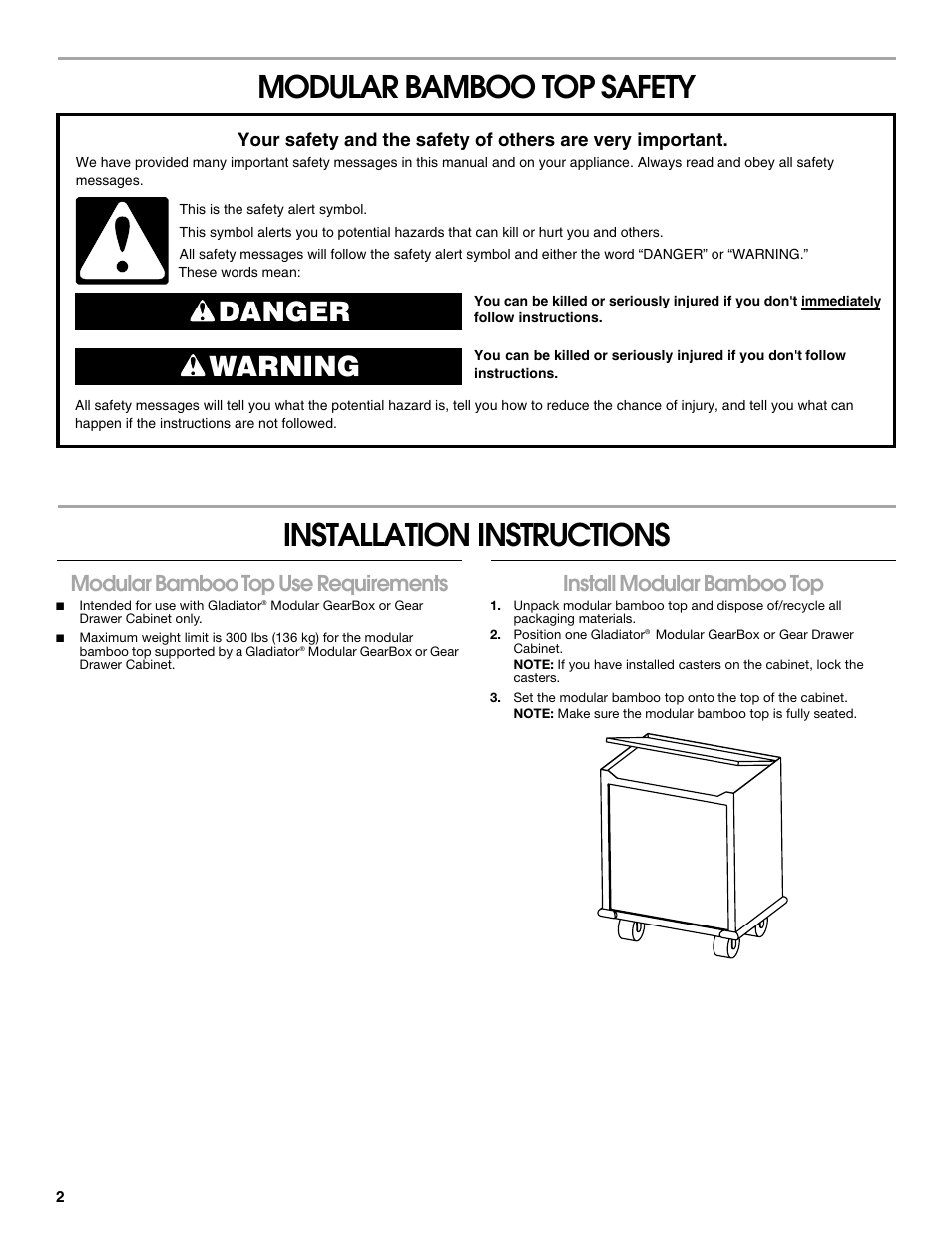 Danger warning, Modular bamboo top use requirements, Install modular bamboo top | Gladiator GAAC27BAYX 27 Bamboo Top User Manual | Page 2 / 8