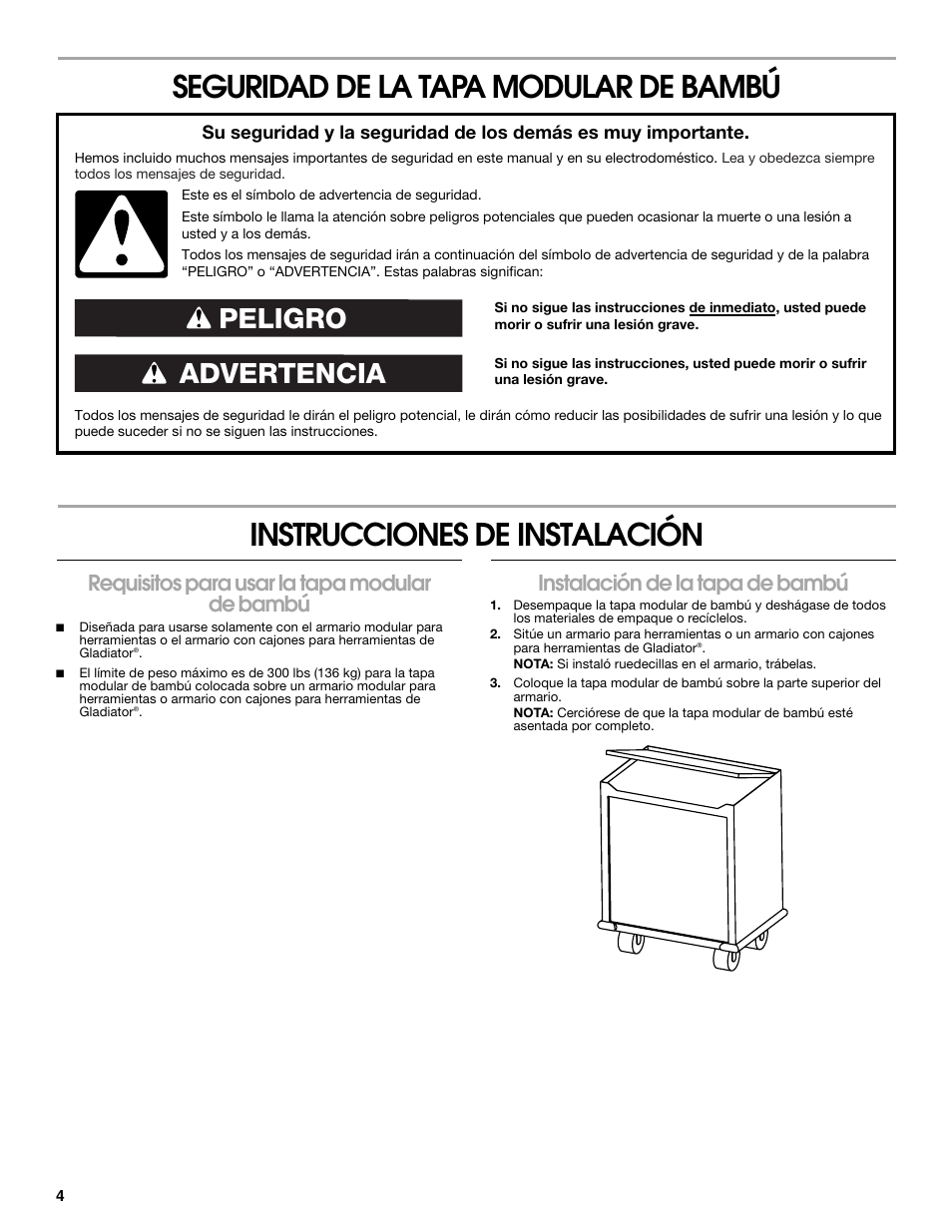 Seguridad de la tapa modular de bambú, Instrucciones de instalación, Advertencia peligro | Requisitos para usar la tapa modular de bambú, Instalación de la tapa de bambú | Gladiator GAAC27BAYX 27 Bamboo Top User Manual | Page 4 / 8