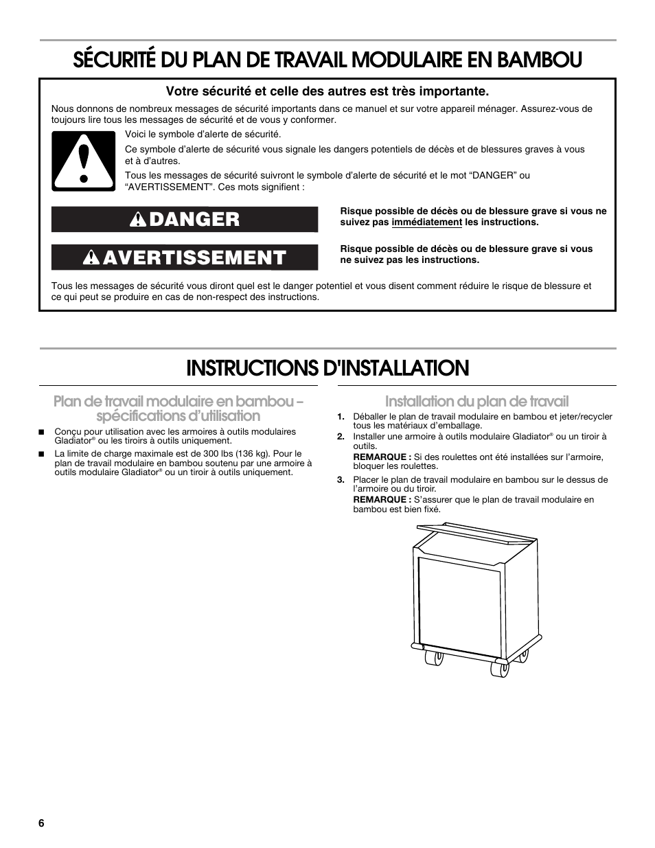 Sécurité du plan de travail modulaire en bambou, Instructions d'installation, Avertissement danger | Installation du plan de travail | Gladiator GAAC27BAYX 27 Bamboo Top User Manual | Page 6 / 8