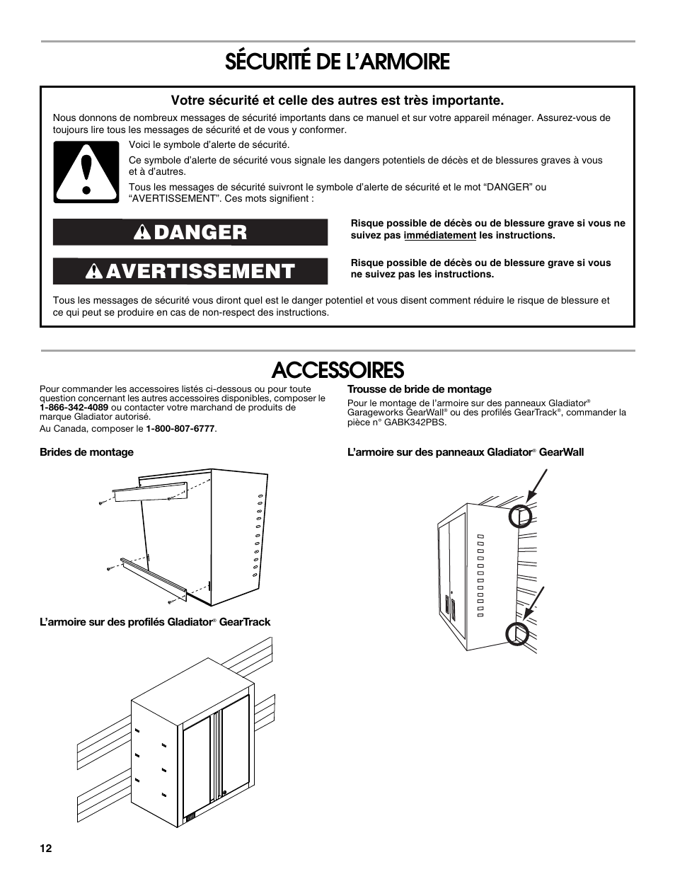Sécurité de l’armoire accessoires, Avertissement danger | Gladiator GAWG262DBG Starter Series Wall GearBox User Manual | Page 12 / 16