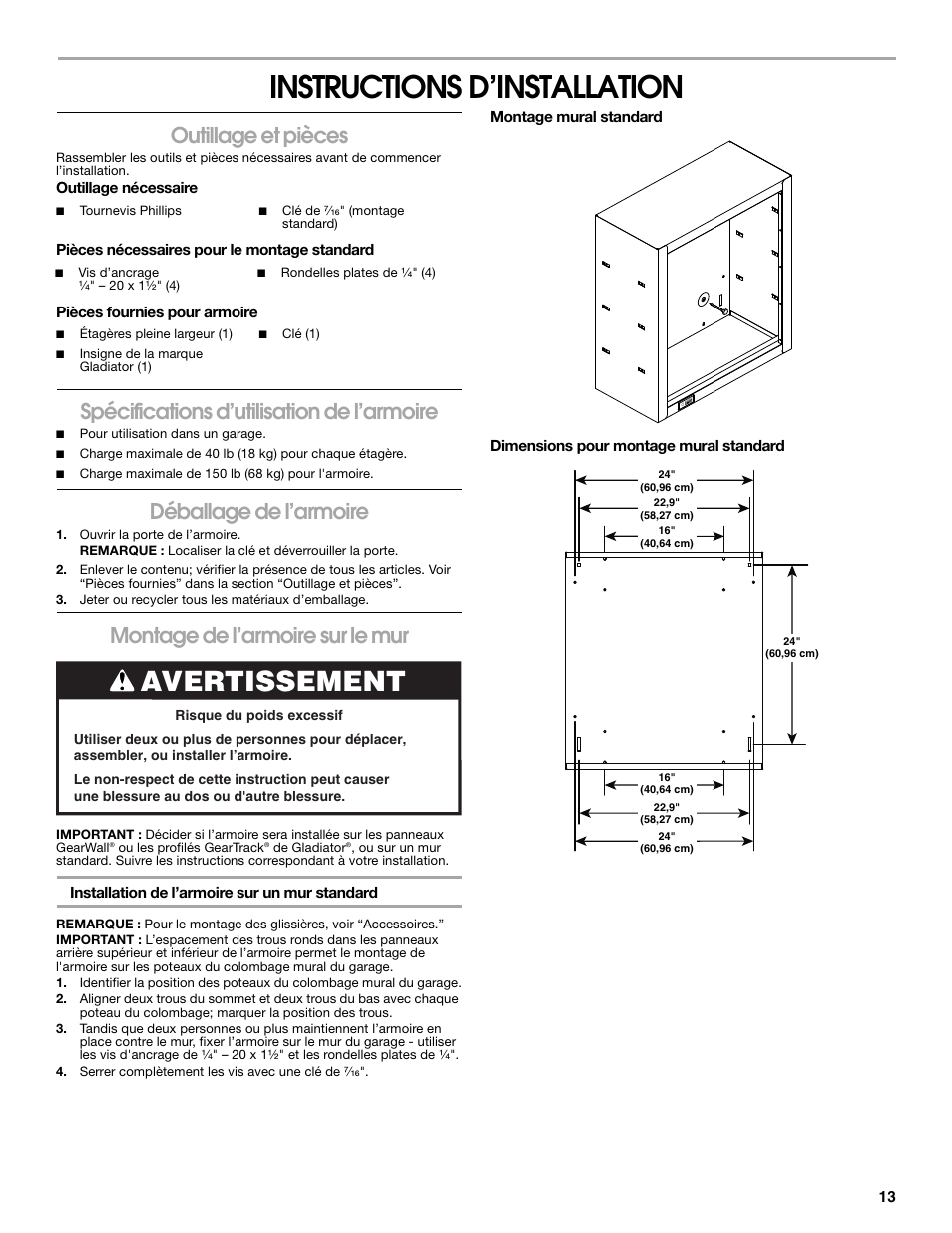Instructions d’installation, Avertissement, Outillage et pièces | Spécifications d’utilisation de l’armoire, Déballage de l’armoire, Montage de l’armoire sur le mur | Gladiator GAWG262DBG Starter Series Wall GearBox User Manual | Page 13 / 16