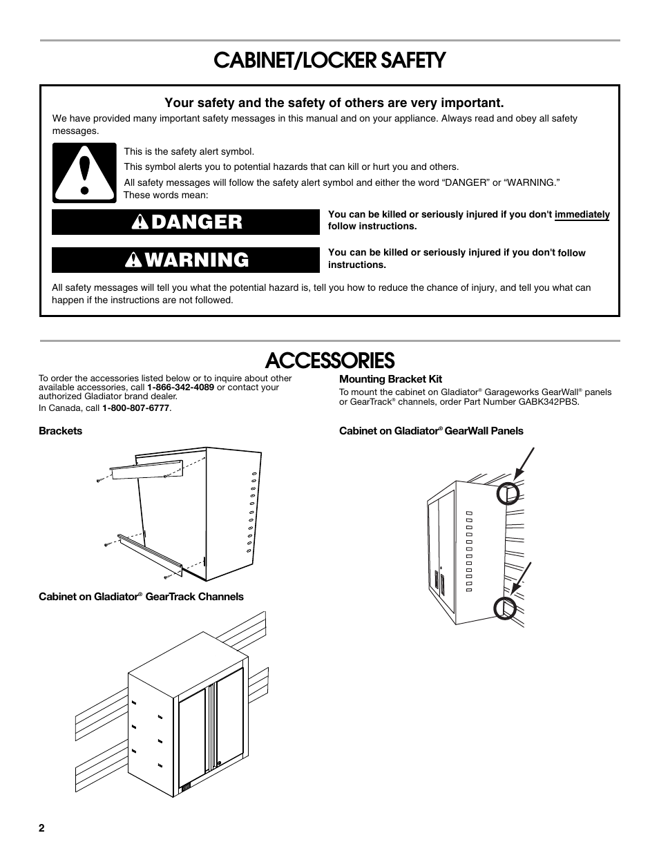 Cabinet/locker safety accessories, Danger warning | Gladiator GAWG262DBG Starter Series Wall GearBox User Manual | Page 2 / 16
