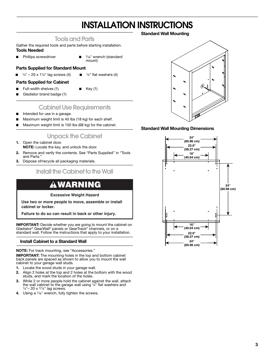 Installation instructions, Warning, Tools and parts | Cabinet use requirements, Unpack the cabinet, Install the cabinet to the wall | Gladiator GAWG262DBG Starter Series Wall GearBox User Manual | Page 3 / 16