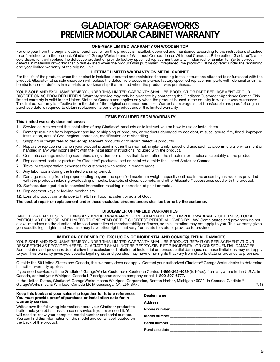 Gladiator, Garageworks premier modular cabinet warranty | Gladiator GAWG262DBG Starter Series Wall GearBox User Manual | Page 5 / 16