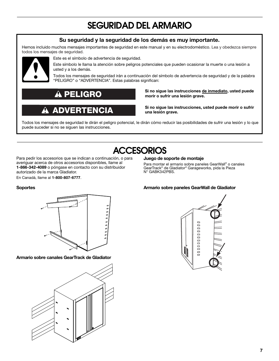 Seguridad del armario accesorios, Advertencia peligro | Gladiator GAWG262DBG Starter Series Wall GearBox User Manual | Page 7 / 16