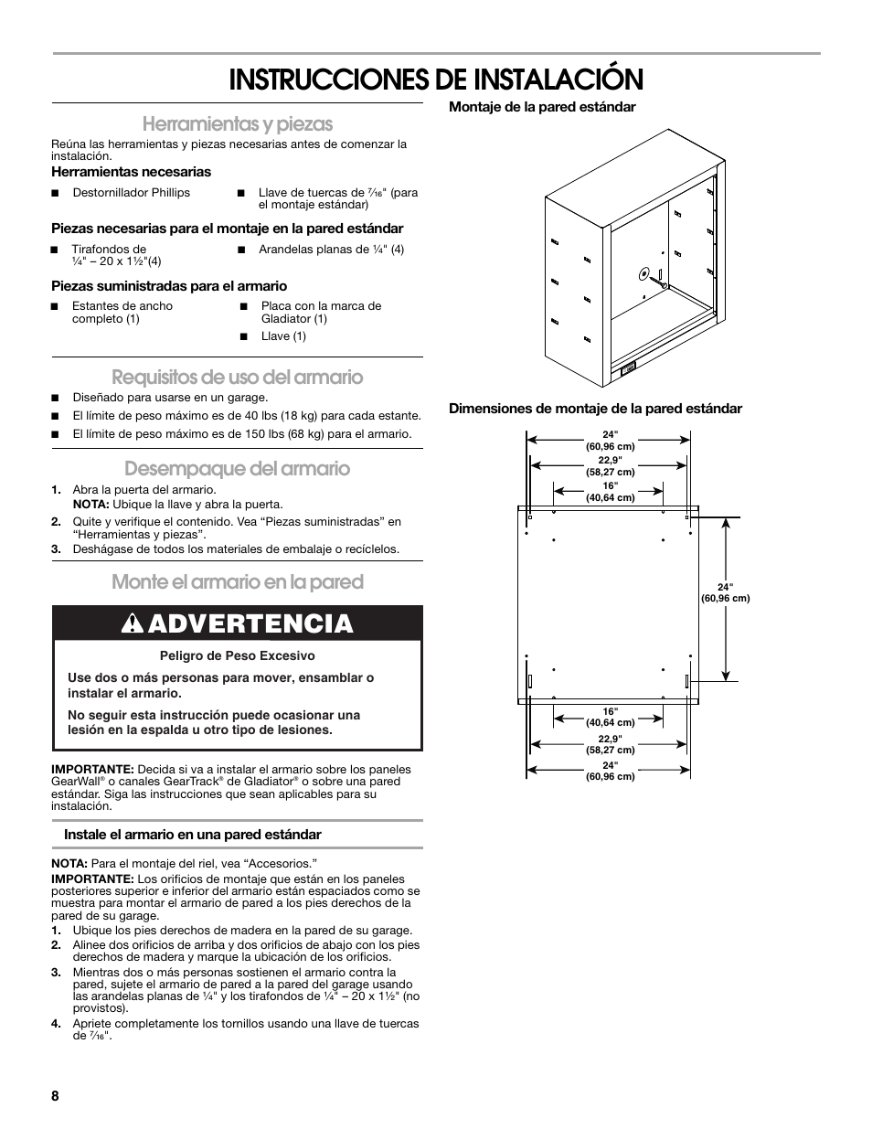 Instrucciones de instalación, Advertencia, Herramientas y piezas | Requisitos de uso del armario, Desempaque del armario, Monte el armario en la pared | Gladiator GAWG262DBG Starter Series Wall GearBox User Manual | Page 8 / 16
