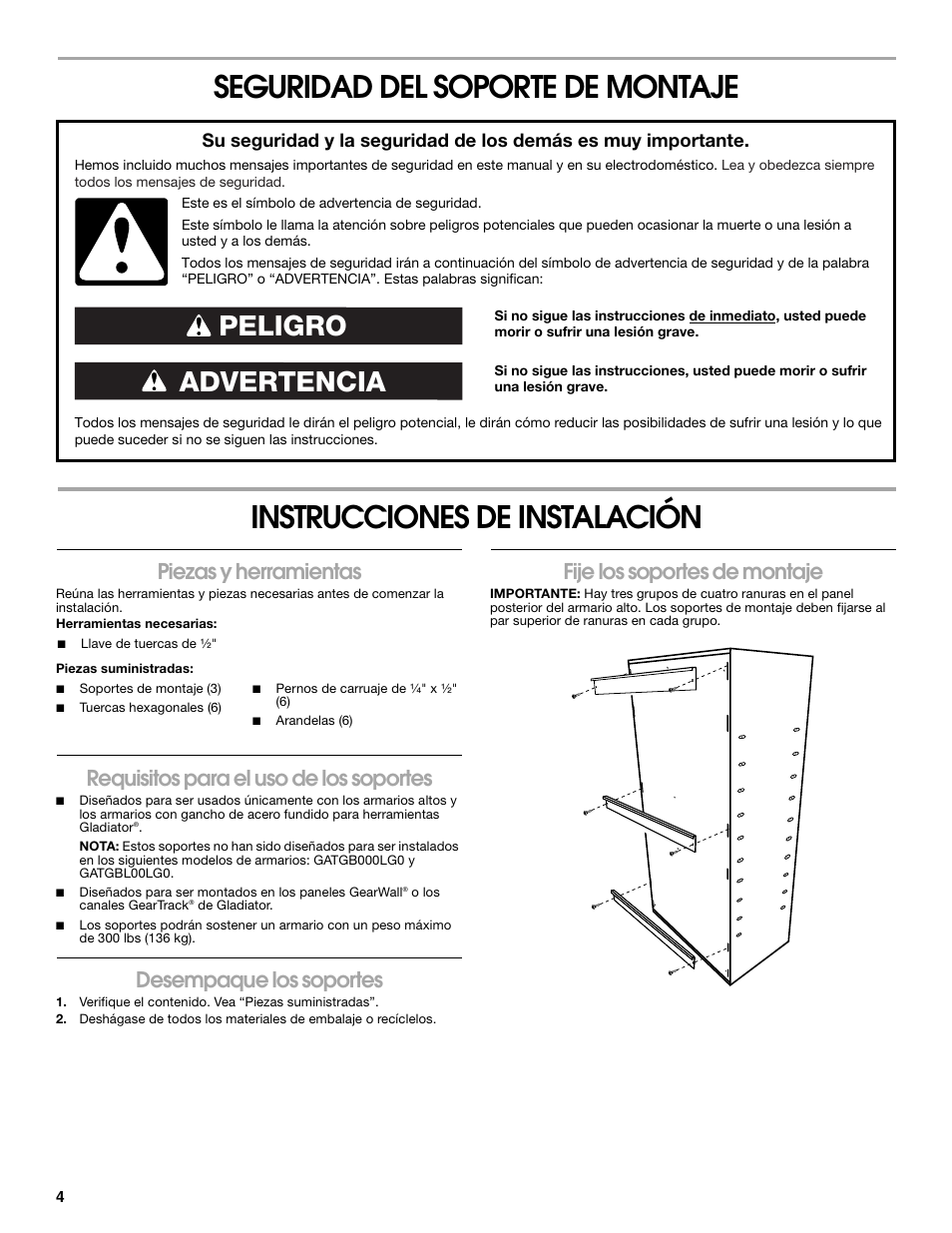 Advertencia peligro, Piezas y herramientas, Requisitos para el uso de los soportes | Desempaque los soportes, Fije los soportes de montaje | Gladiator GABK301PRS Wall Bracket Kit for Tall GearBox and GearLocker User Manual | Page 4 / 8
