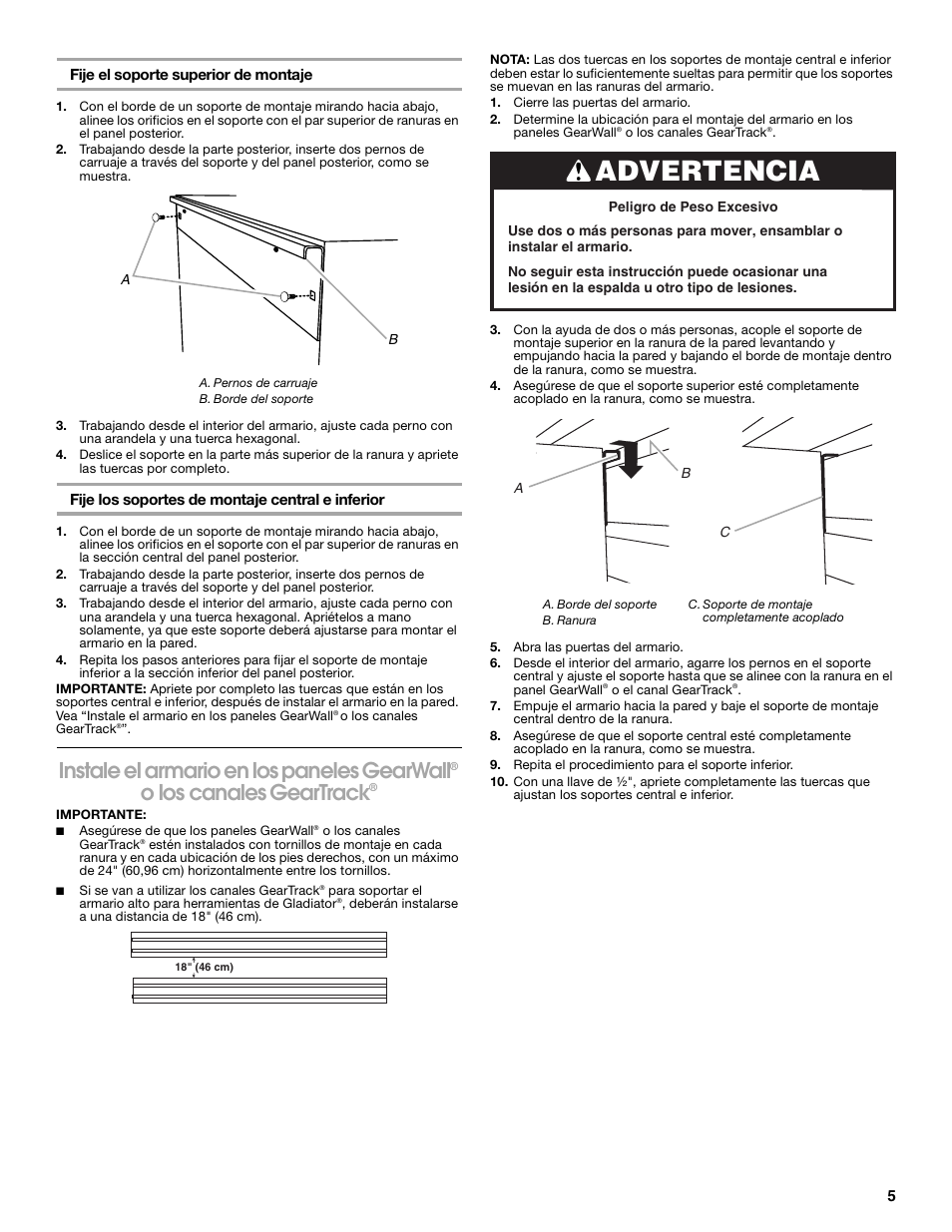 Advertencia, Instale el armario en los paneles gearwall, O los canales geartrack | Gladiator GABK301PRS Wall Bracket Kit for Tall GearBox and GearLocker User Manual | Page 5 / 8