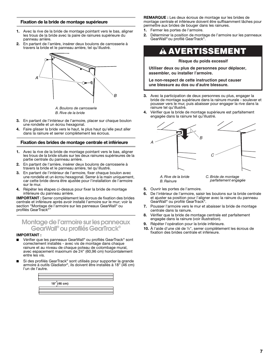 Avertissement, Montage de l’armoire sur les panneaux gearwall, Ou profilés geartrack | Gladiator GABK301PRS Wall Bracket Kit for Tall GearBox and GearLocker User Manual | Page 7 / 8