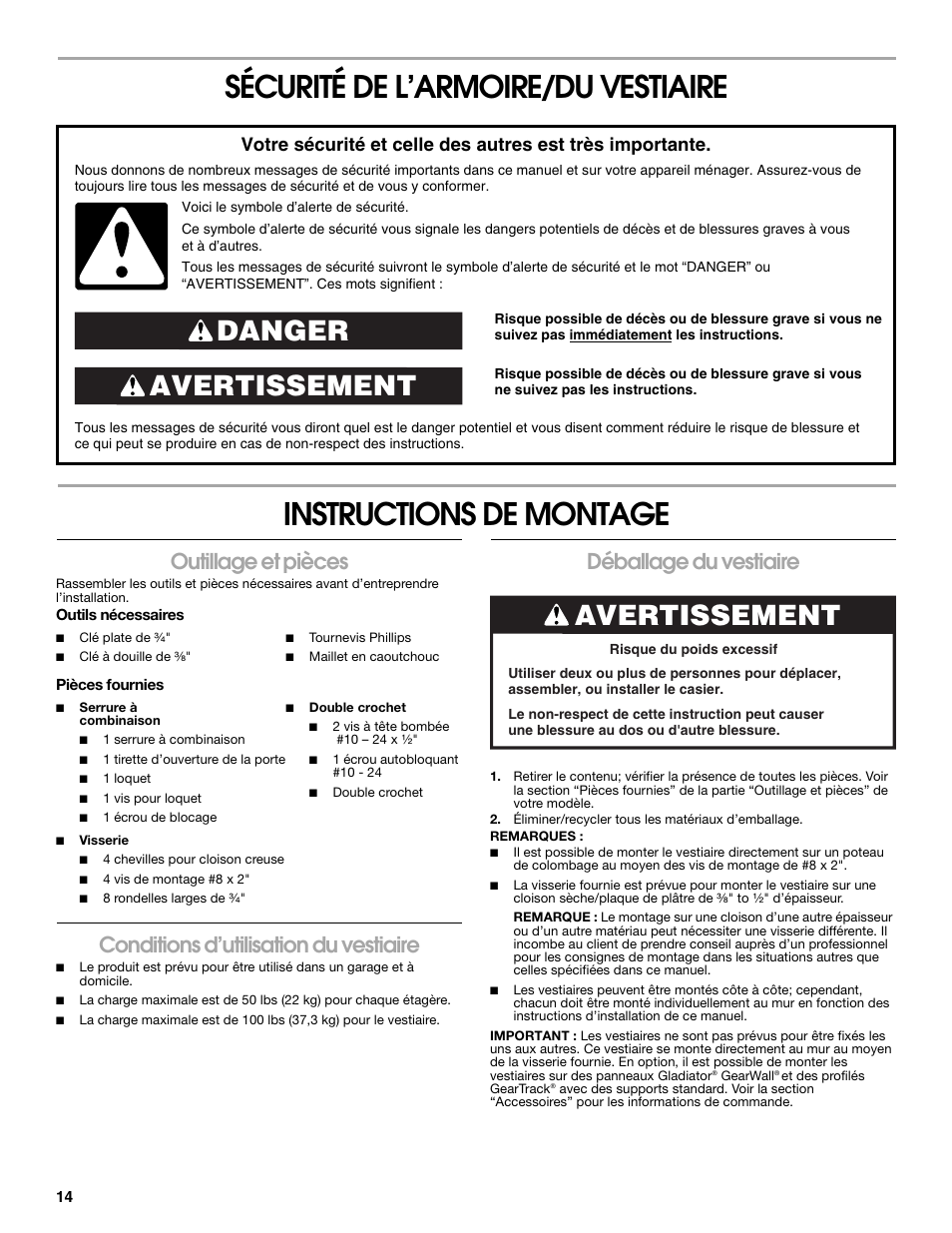 Avertissement danger, Avertissement, Outillage et pièces | Conditions d’utilisation du vestiaire, Déballage du vestiaire | Gladiator GASL1TAMDG Licensed Collegiate PrimeTime Locker User Manual | Page 14 / 20