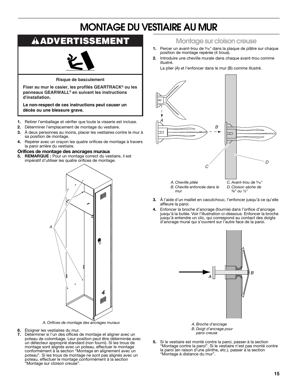 Montage du vestiaire au mur, Advertissement, Montage sur cloison creuse | Gladiator GASL1TAMDG Licensed Collegiate PrimeTime Locker User Manual | Page 15 / 20