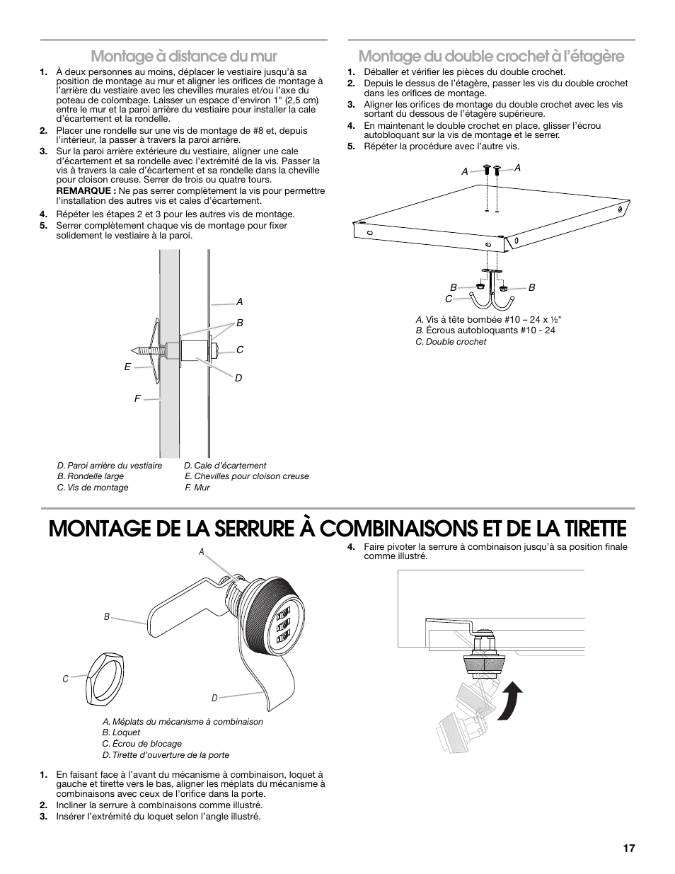 Montage à distance du mur, Montage du double crochet à l’étagère | Gladiator GASL1TAMDG Licensed Collegiate PrimeTime Locker User Manual | Page 17 / 20