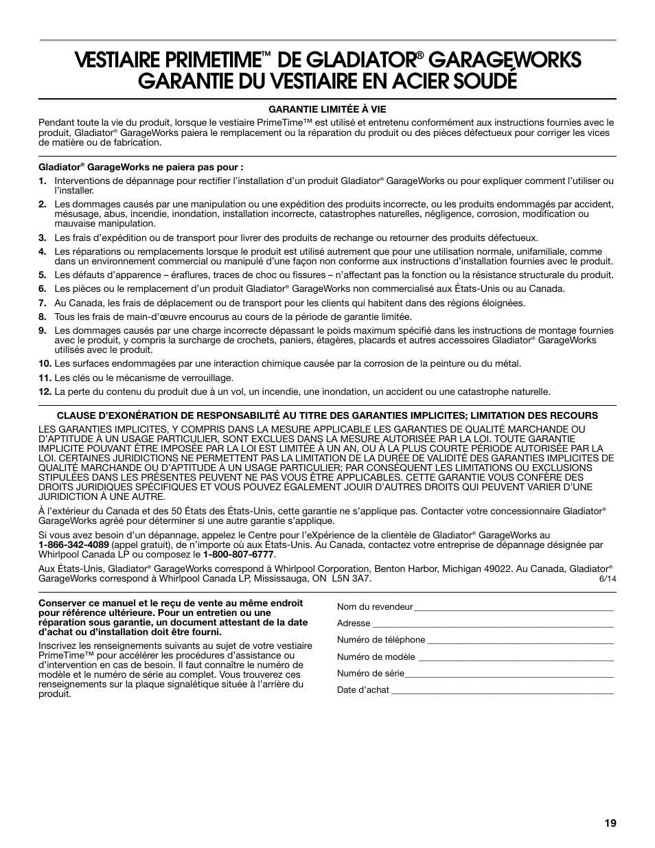 Vestiaire primetime, De gladiator, Garageworks garantie du vestiaire en acier soudé | Gladiator GASL1TAMDG Licensed Collegiate PrimeTime Locker User Manual | Page 19 / 20