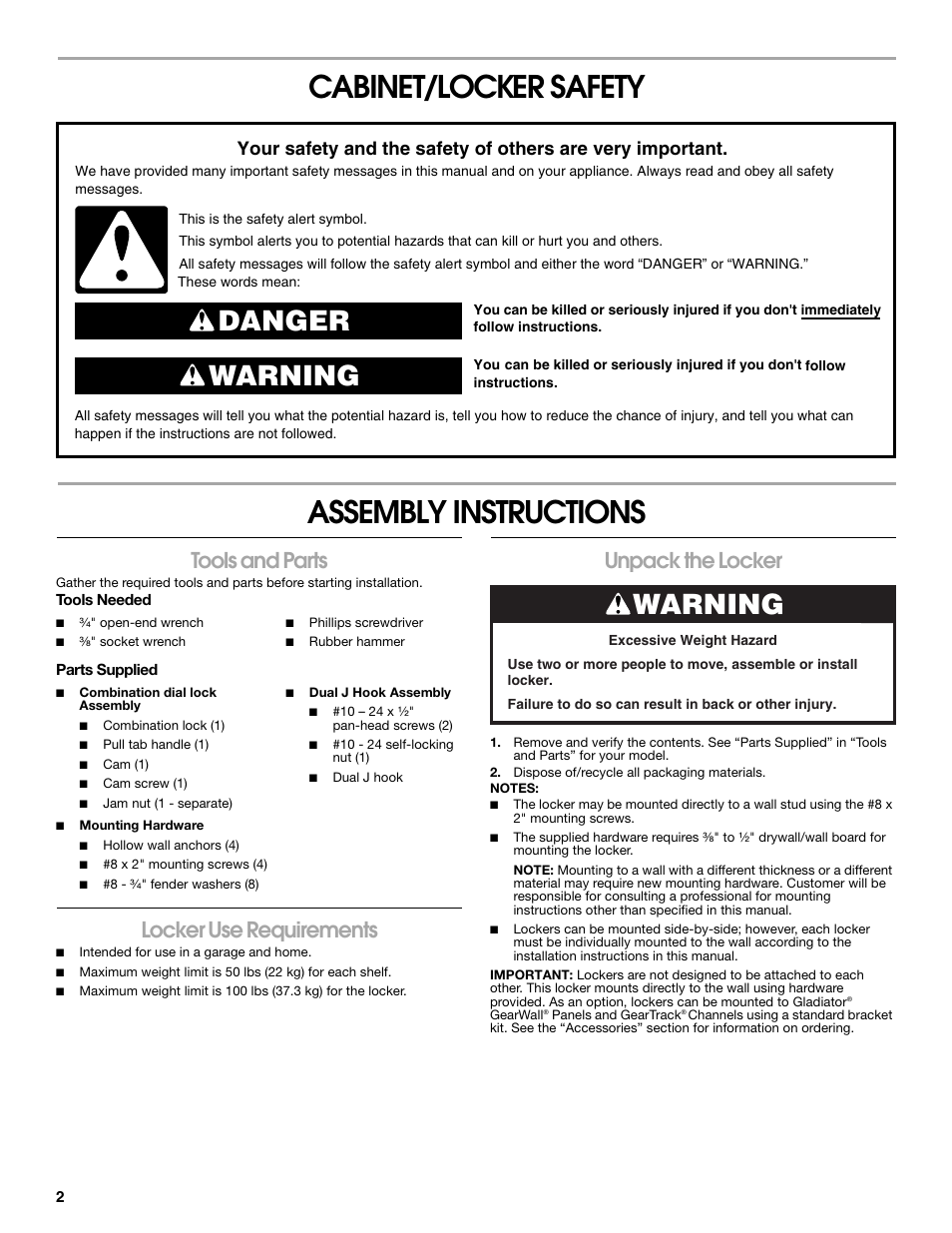 Cabinet/locker safety assembly instructions, Danger warning, Warning | Tools and parts, Locker use requirements, Unpack the locker | Gladiator GASL1TAMDG Licensed Collegiate PrimeTime Locker User Manual | Page 2 / 20