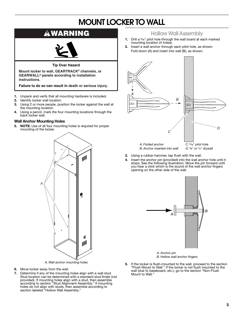 Mount locker to wall, Warning, Hollow wall assembly | Gladiator GASL1TAMDG Licensed Collegiate PrimeTime Locker User Manual | Page 3 / 20