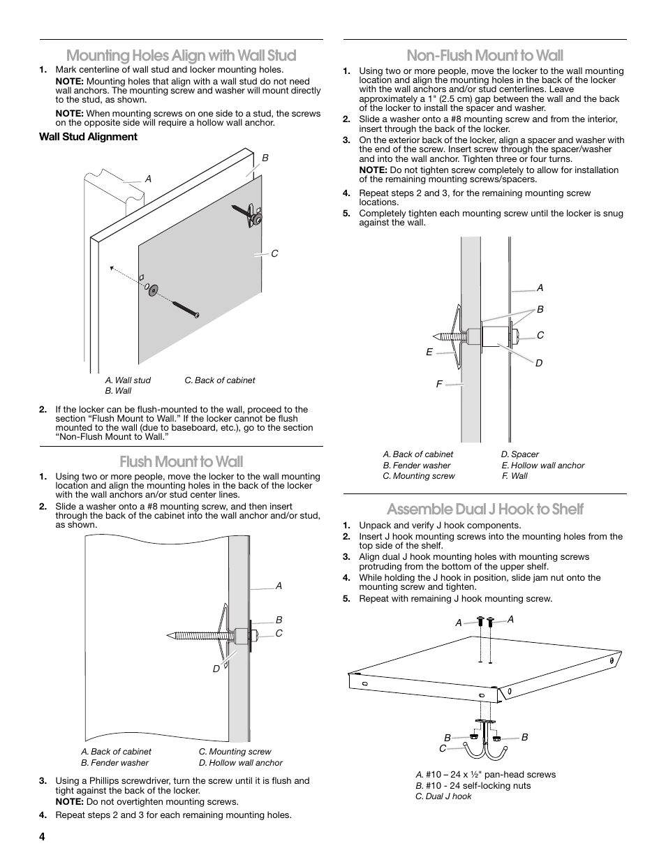 Mounting holes align with wall stud, Flush mount to wall, Non-flush mount to wall | Assemble dual j hook to shelf | Gladiator GASL1TAMDG Licensed Collegiate PrimeTime Locker User Manual | Page 4 / 20