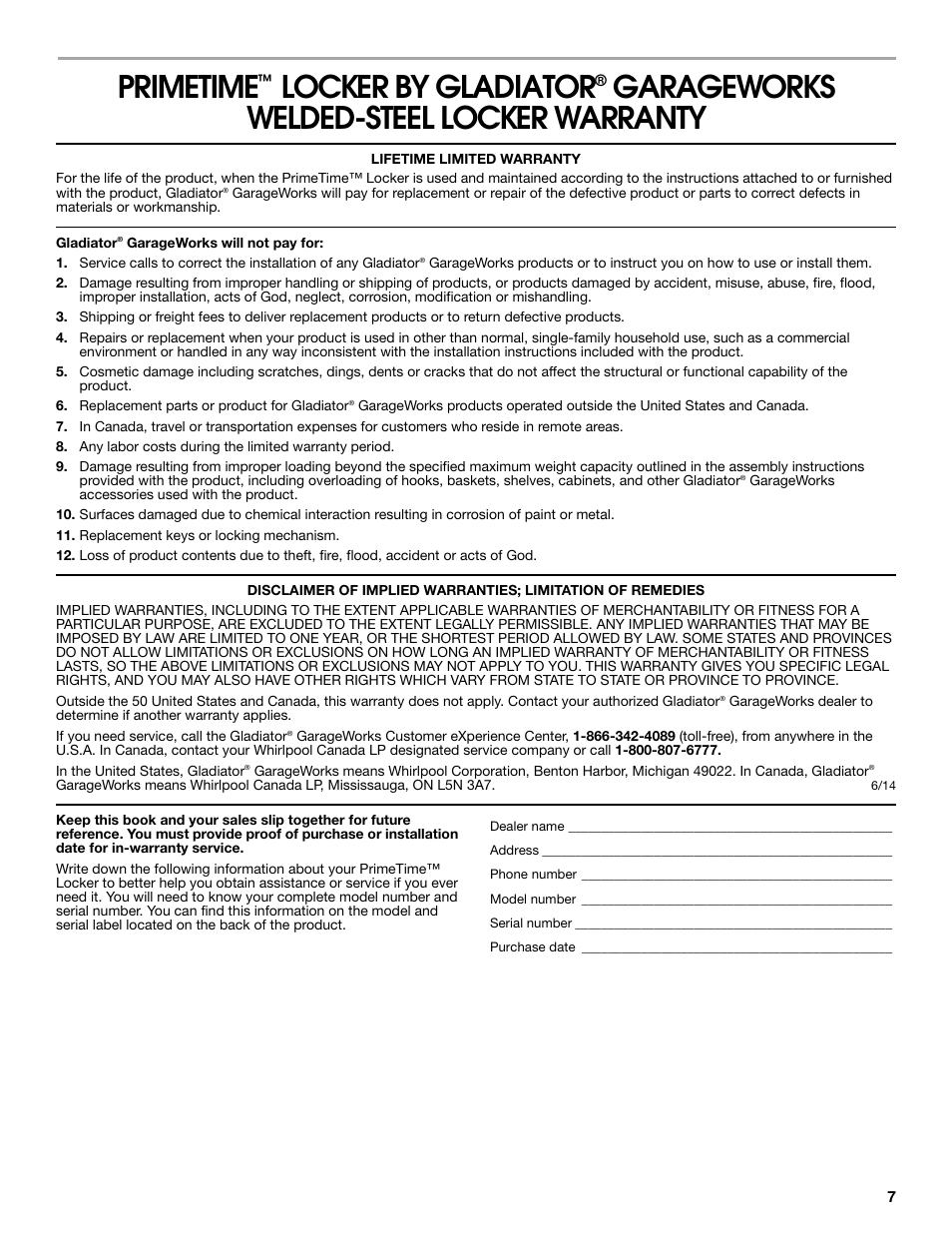 Primetime, Locker by gladiator, Garageworks welded-steel locker warranty | Gladiator GASL1TAMDG Licensed Collegiate PrimeTime Locker User Manual | Page 7 / 20